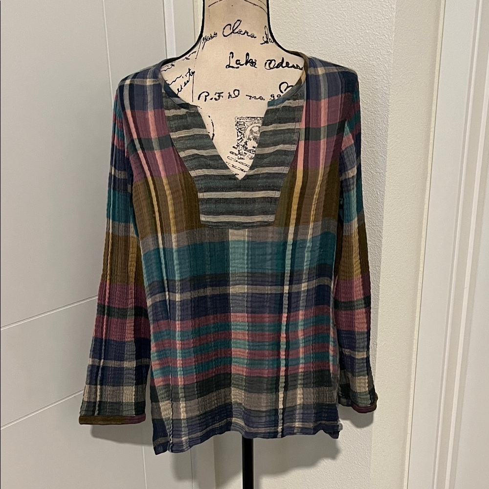 Soft Surroundings Multicolor Gauze Cotton Plaid V-Neck Top Boho Office Casual - Picture 2 of 13